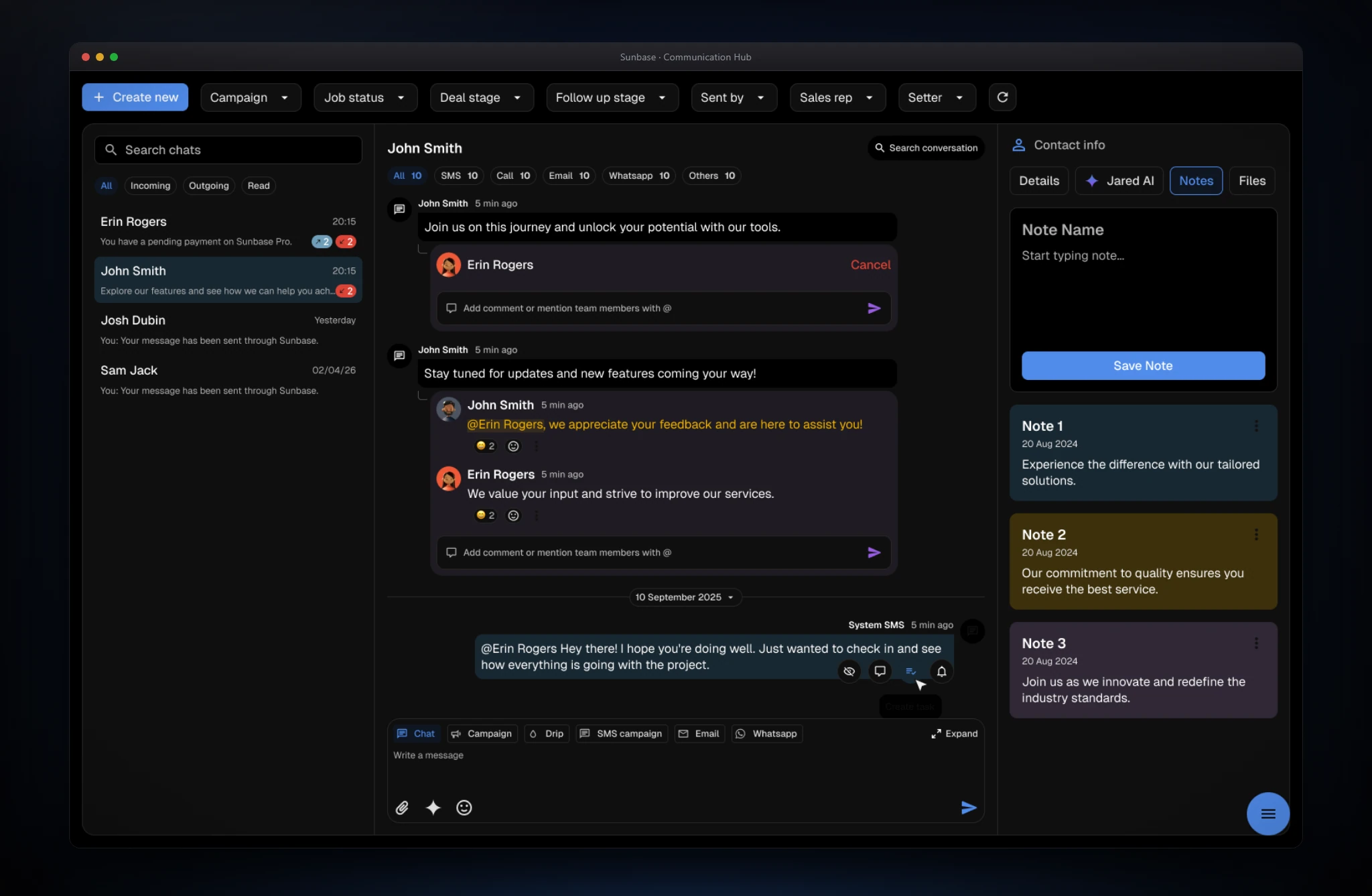 Communication Hub internal collaboration: a private comment thread with an @mention attached to a message, and a Notes tab with a new-note form and color-coded saved notes.