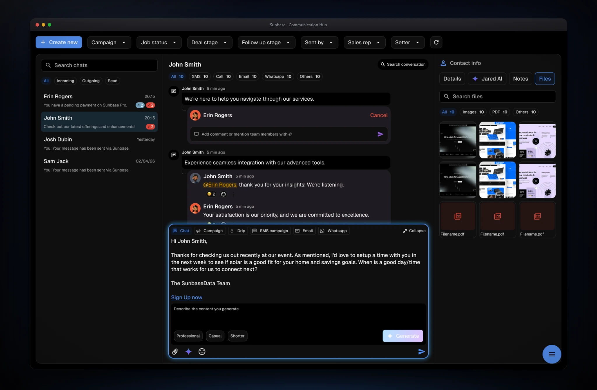 Communication Hub composer and files: an expanded composer with AI drafting, tone options and a Generate button, and a Files tab with search, type filters, and thumbnails.