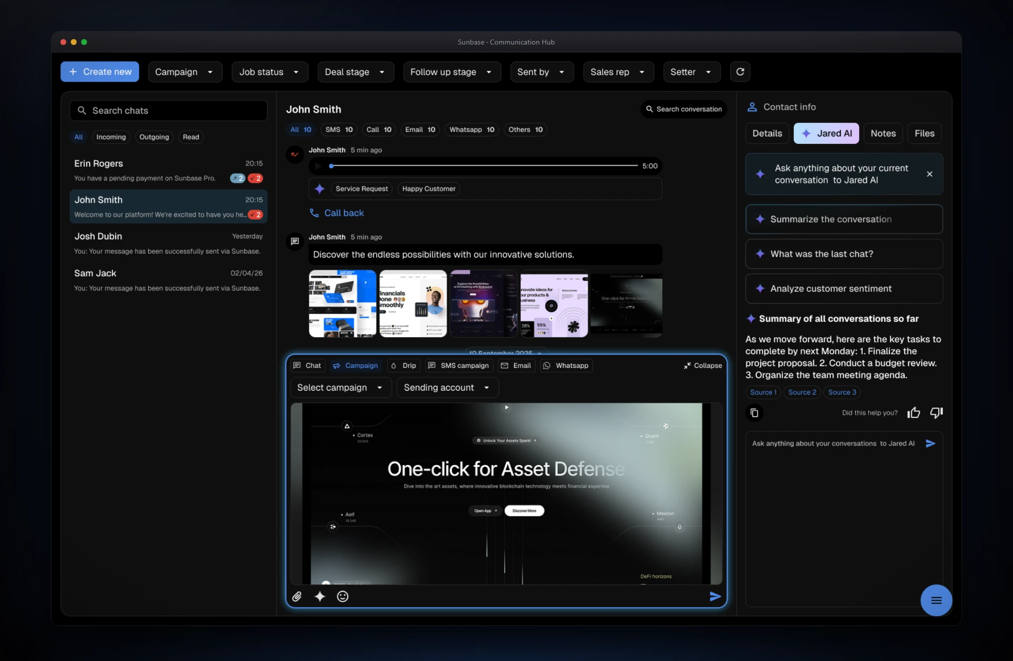 Communication Hub Jared AI: a side panel with suggested prompts, a summary answer with sources and feedback controls, and a campaign composer below the conversation.