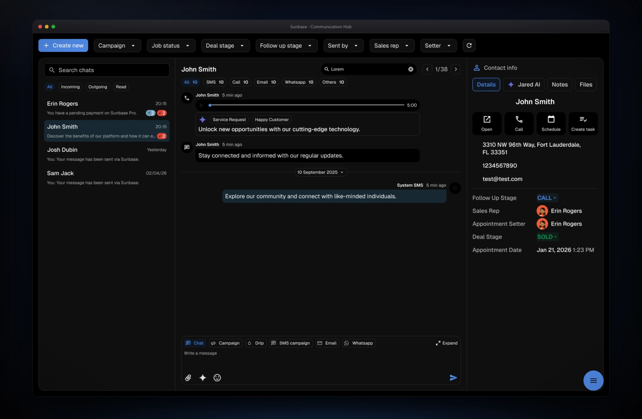 Communication Hub in-conversation search: a search field with a match counter and next and previous controls above a highlighted conversation.