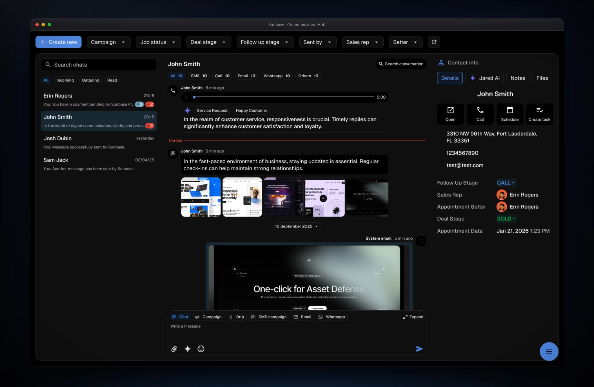 Communication Hub unified timeline: a chat list, a conversation with channel filters, an embedded call recording with AI sentiment tags, image thumbnails and a campaign email, and a contact details panel.