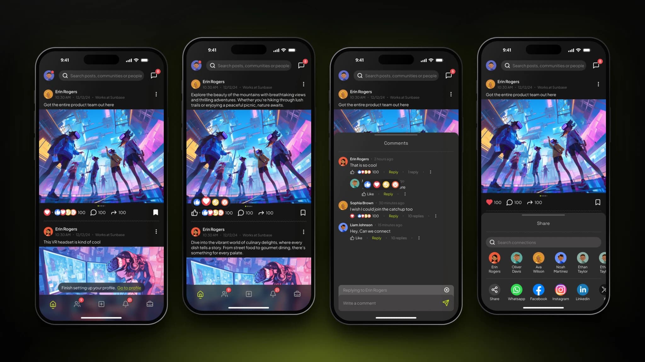 ConnectIn feed on four phones: a post with reactions and counts, the reaction picker, a threaded comments sheet, and the share sheet.