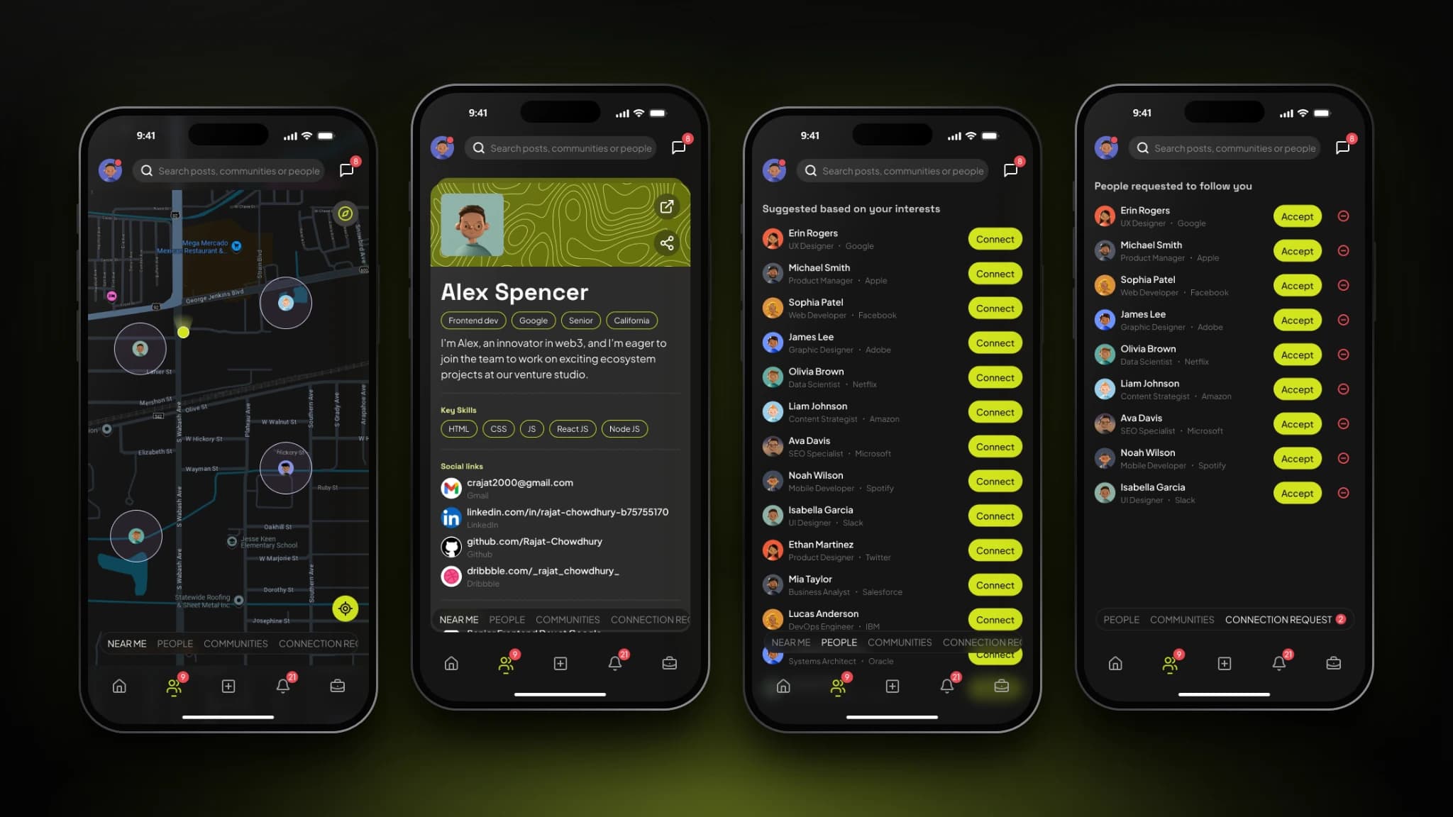 ConnectIn Connections tab on four phones: a map of nearby professionals shown inside approximate-radius circles, a person's profile, suggested people with Connect buttons, and incoming connection requests.