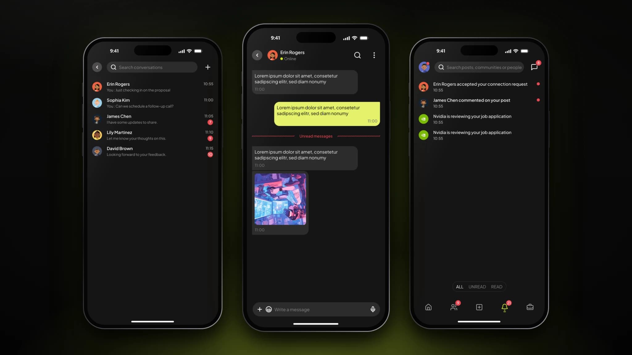 ConnectIn messaging on three phones: the conversation list with unread counts, a chat with an unread-messages divider and shared image, and the notifications list.