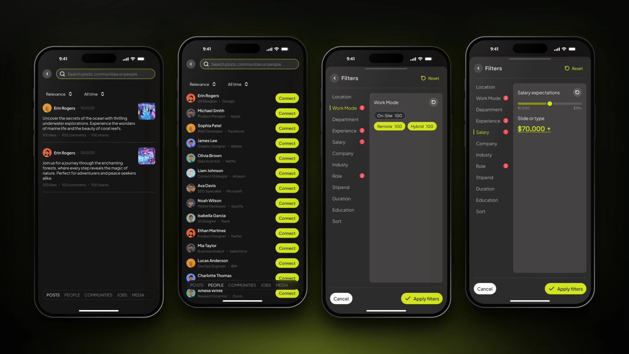 ConnectIn search and filters on four phones: post search results, people search results with Connect buttons, the filters bottom sheet on work mode, and the salary slider.