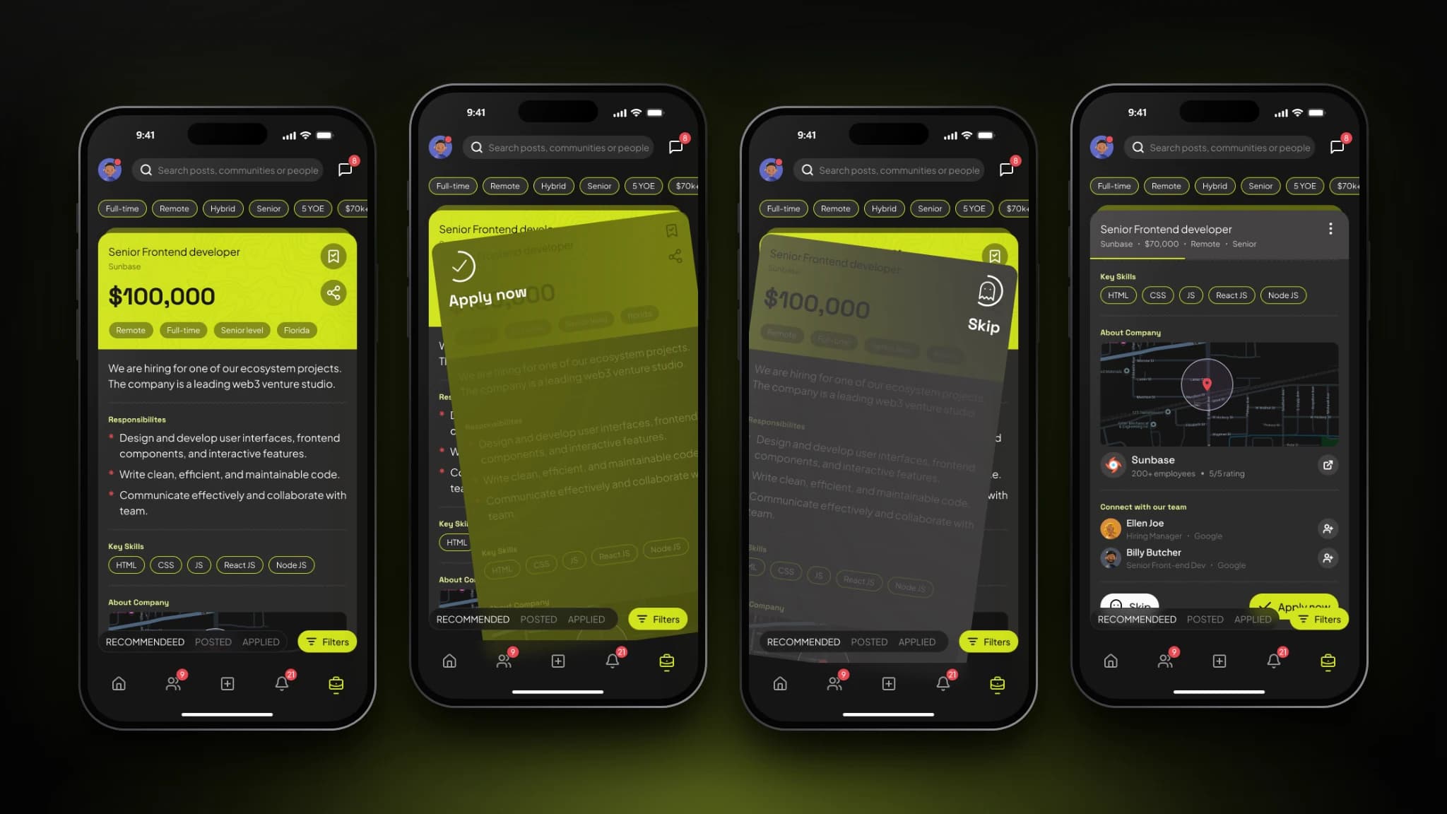 ConnectIn Jobs tab on four phones: a job card with salary and skills, the swipe-right Apply now state, the swipe-left Skip state, and an expanded card showing the company and hiring managers.