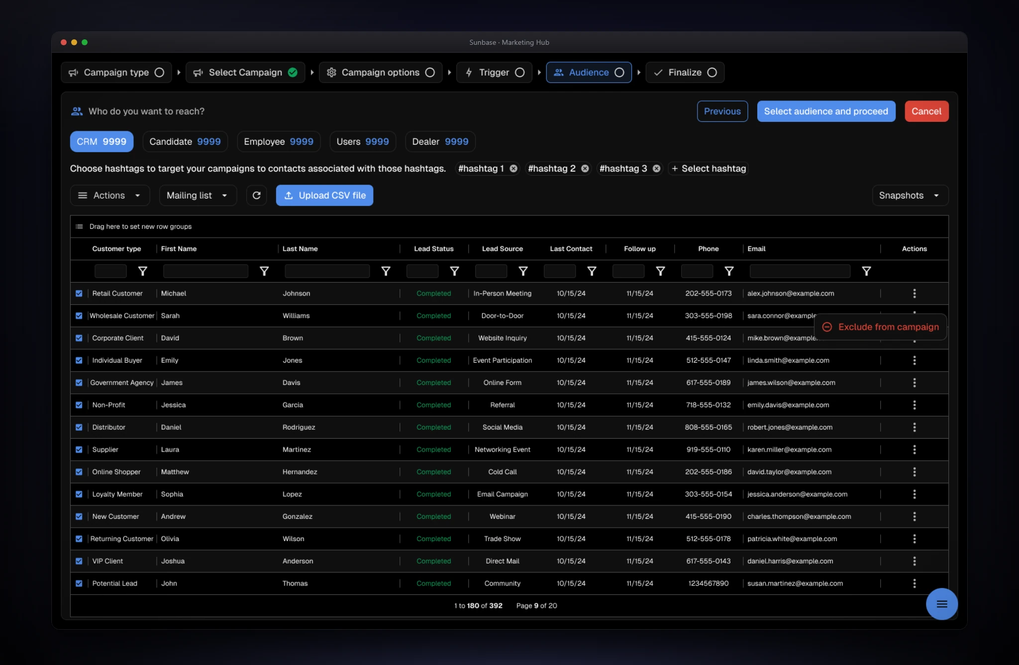 Marketing Hub audience step: persona tabs with counts, hashtag chips, an upload CSV action, and a data grid of contacts with an exclude-from-campaign action.