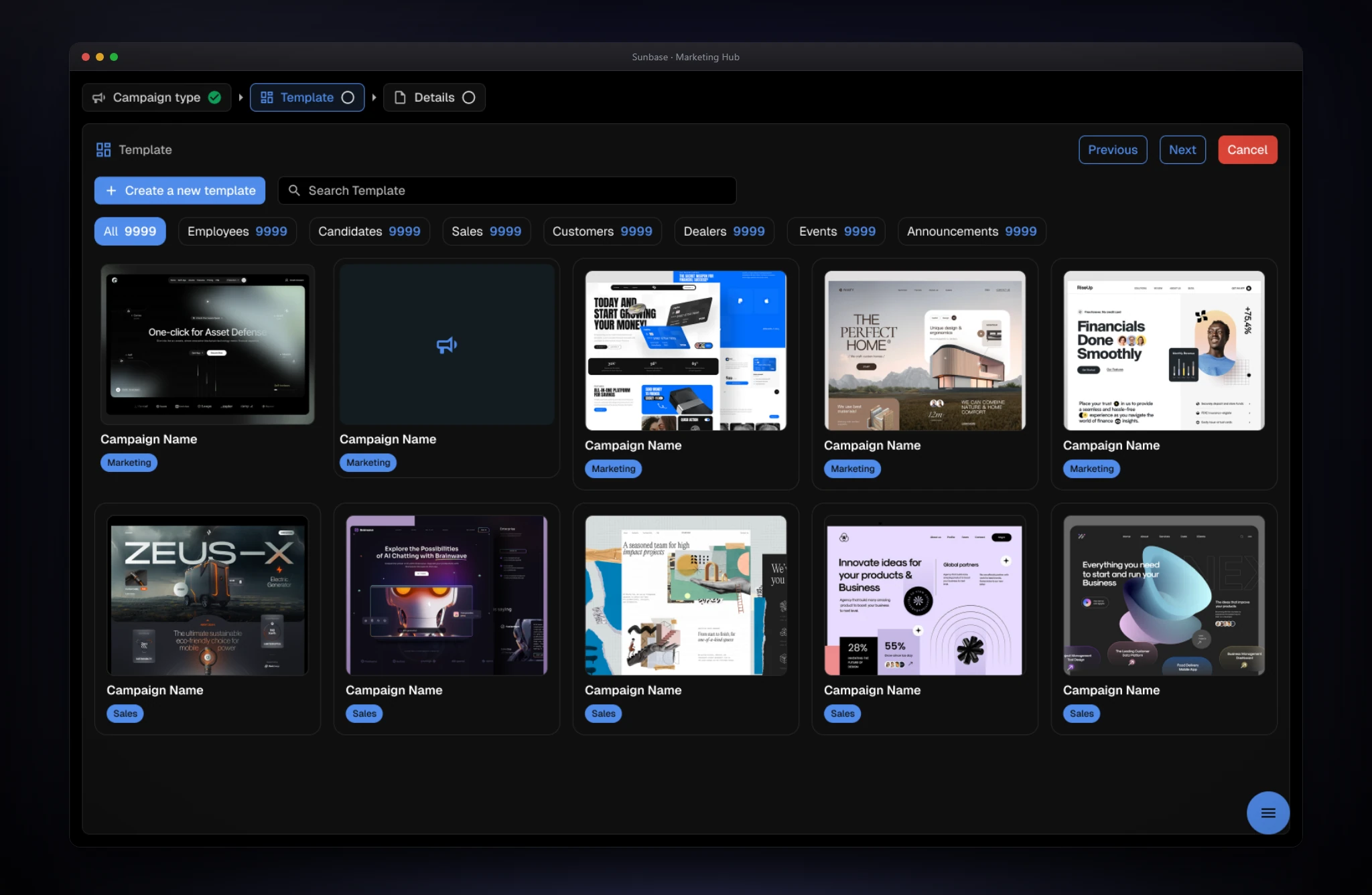 Marketing Hub template step: the campaign builder breadcrumb, persona tabs, and a grid of template cards.
