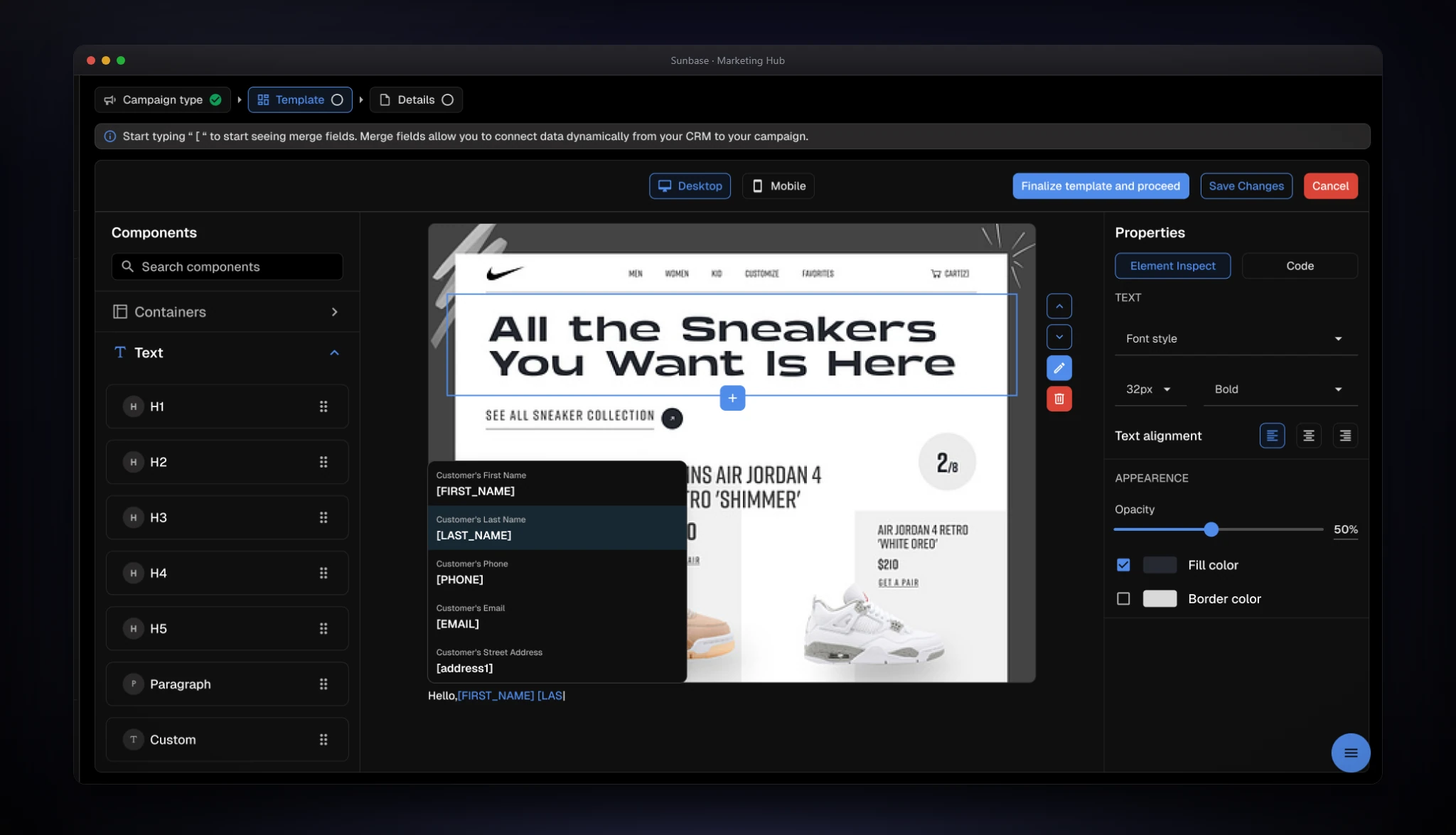 Marketing Hub editor: a component library, a live email canvas with a merge-field menu open, and an element properties panel.