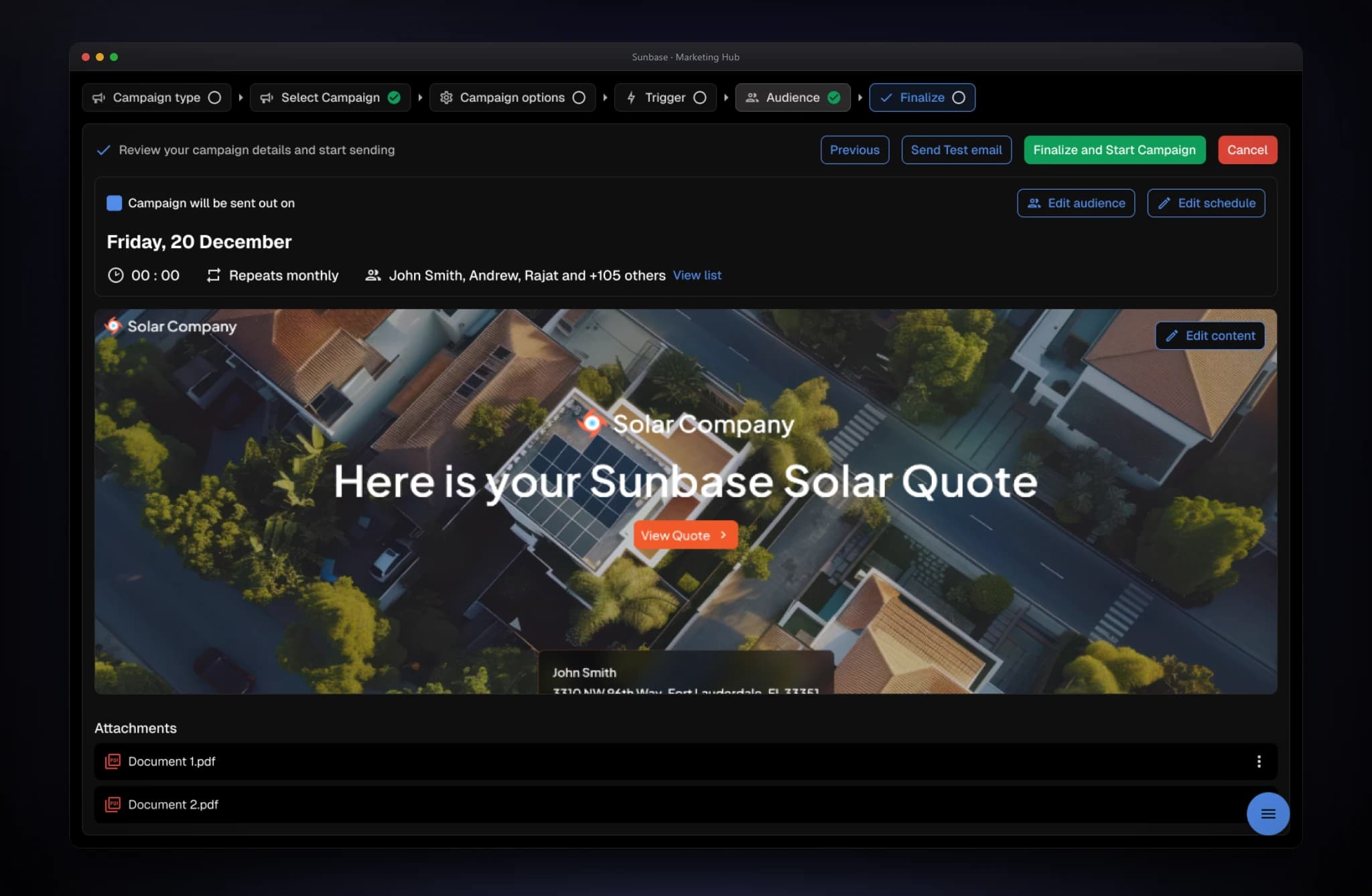 Marketing Hub pre-flight review: the send summary with timing and recipients, a rendered preview of the message, attachments, and Send Test email and Finalize and Start Campaign actions.