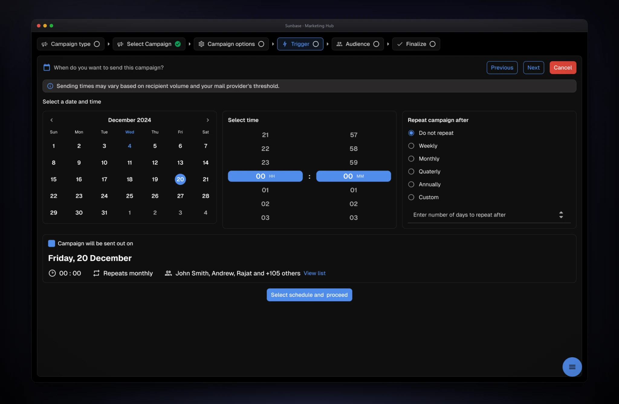 Marketing Hub schedule step: a calendar, a time selector, repeat options, and a summary of when the campaign will be sent.