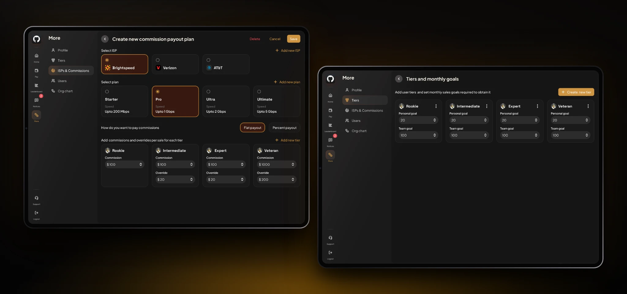 Next Phase Fiber admin on two tablets: creating a commission payout plan by ISP, plan, and tier, and the tiers and monthly goals screen.