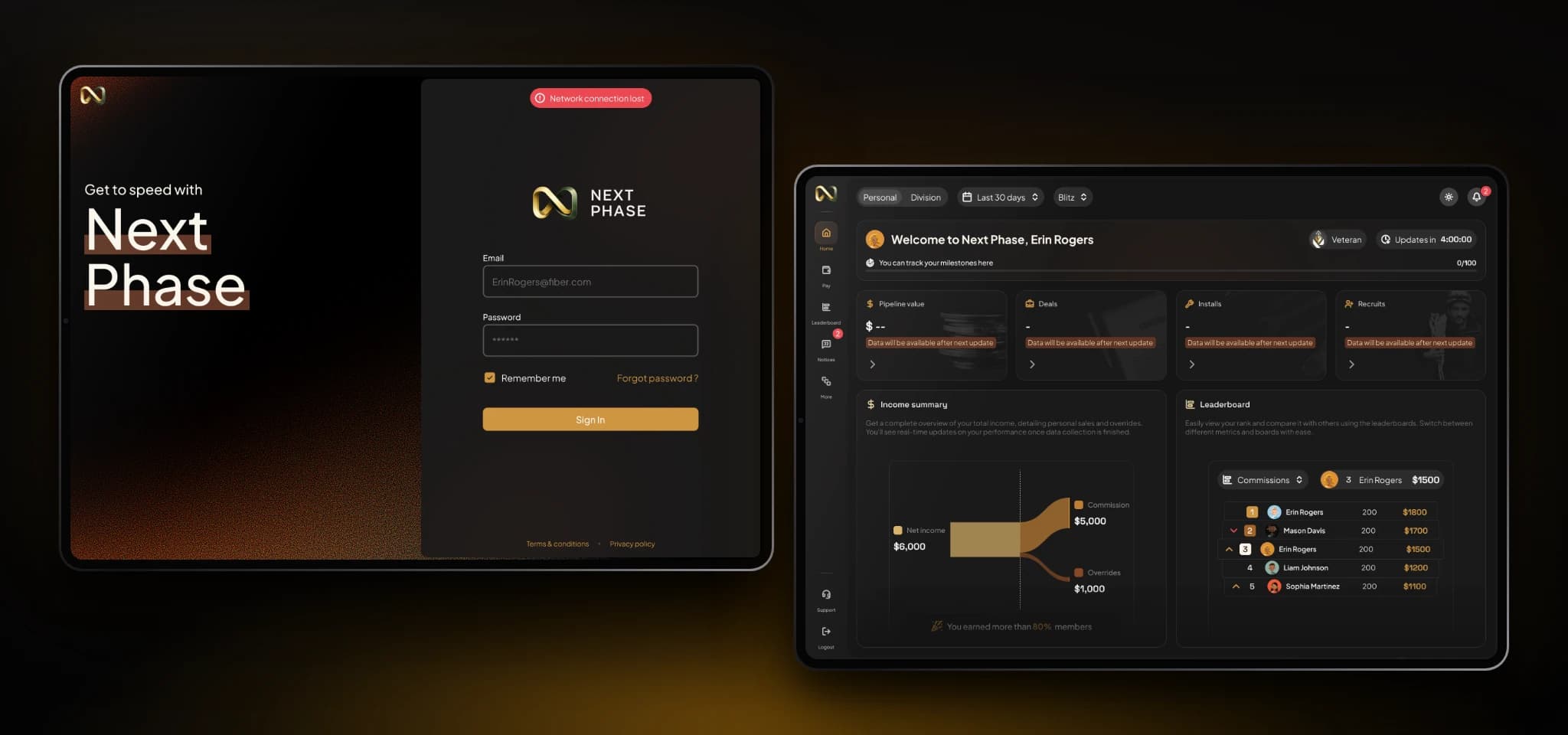 Next Phase Fiber edge states on two tablets: the sign-in screen with a network connection lost banner, and the empty-state dashboard for a new rep.