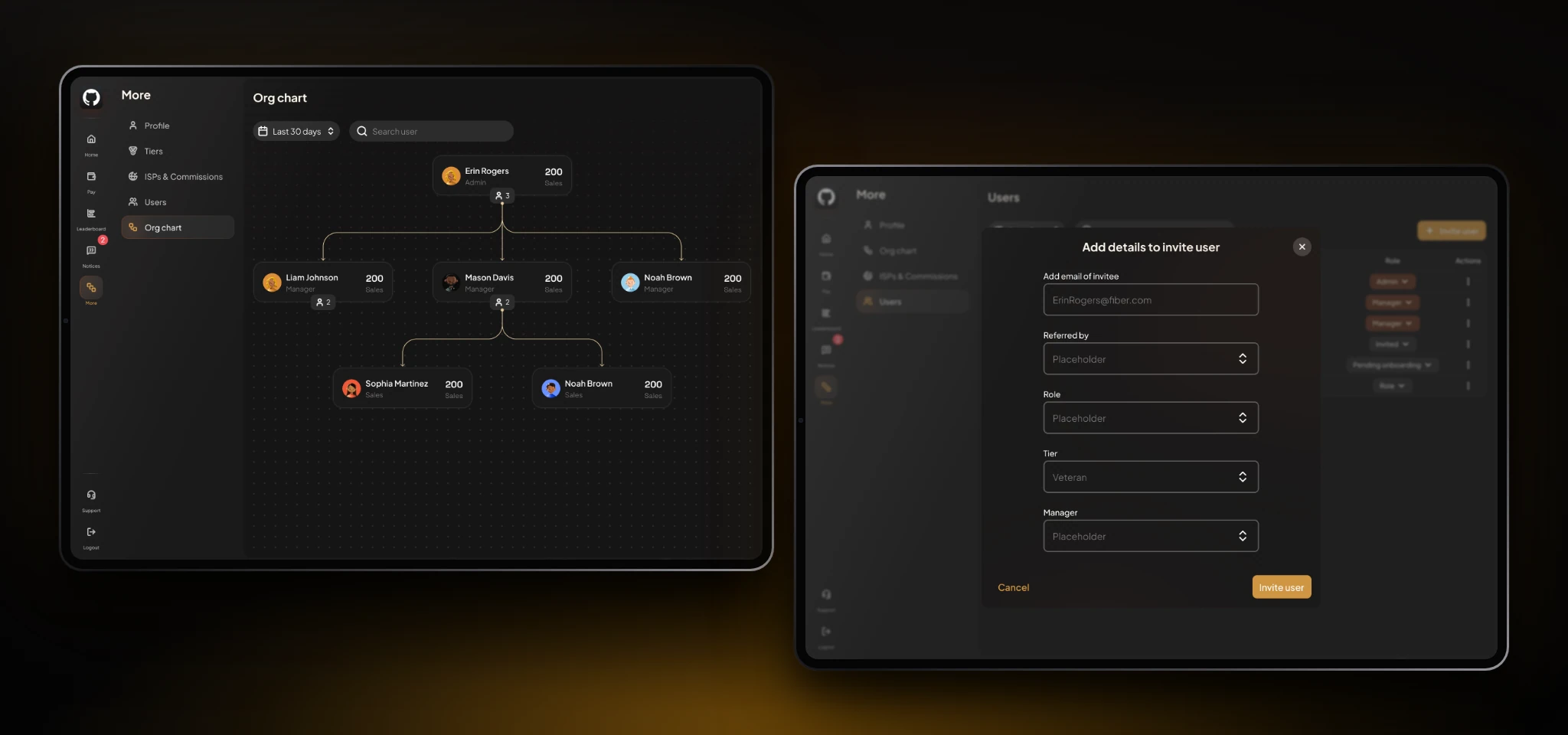 Next Phase Fiber team management on two tablets: an org chart of admin, managers, and reps with sales counts, and the invite user dialog.