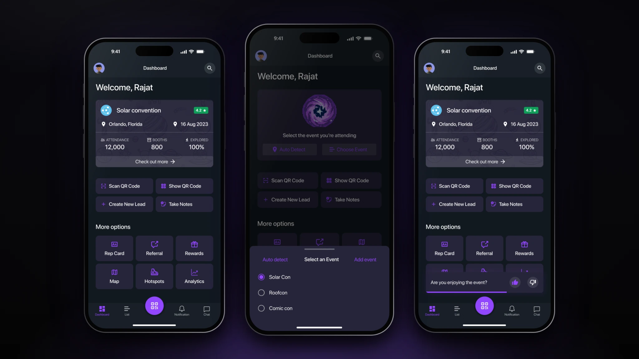 Scan.me dashboard on three phones: the event card with quick actions, the select-an-event sheet, and the dashboard with an event survey prompt.