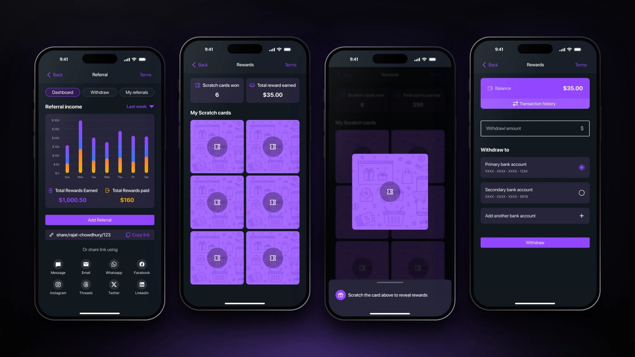 Scan.me rewards on four phones: the referral income dashboard with a share link, a grid of scratch cards, a card ready to scratch, and the balance and withdrawal screen.