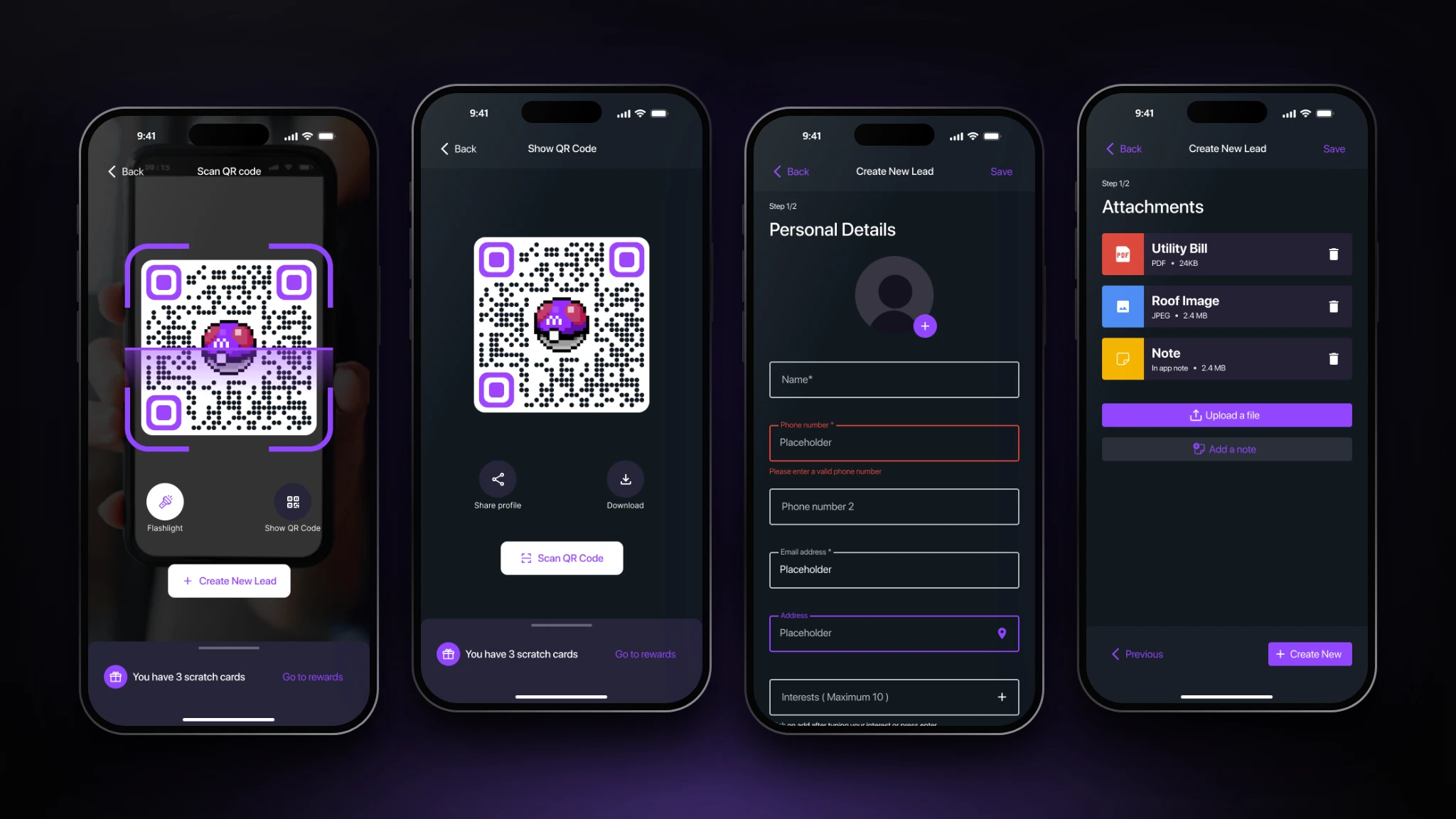 Scan.me lead capture on four phones: the QR scanner, the user's own QR code with share and download, the personal details step of a new lead, and the attachments step.