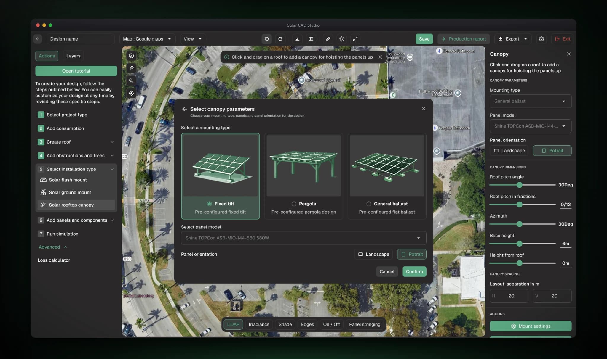 Solar CAD Studio canopy parameters dialog: mounting type cards for fixed tilt, pergola, and general ballast, a panel model selector, and panel orientation, beside a canopy inspector.