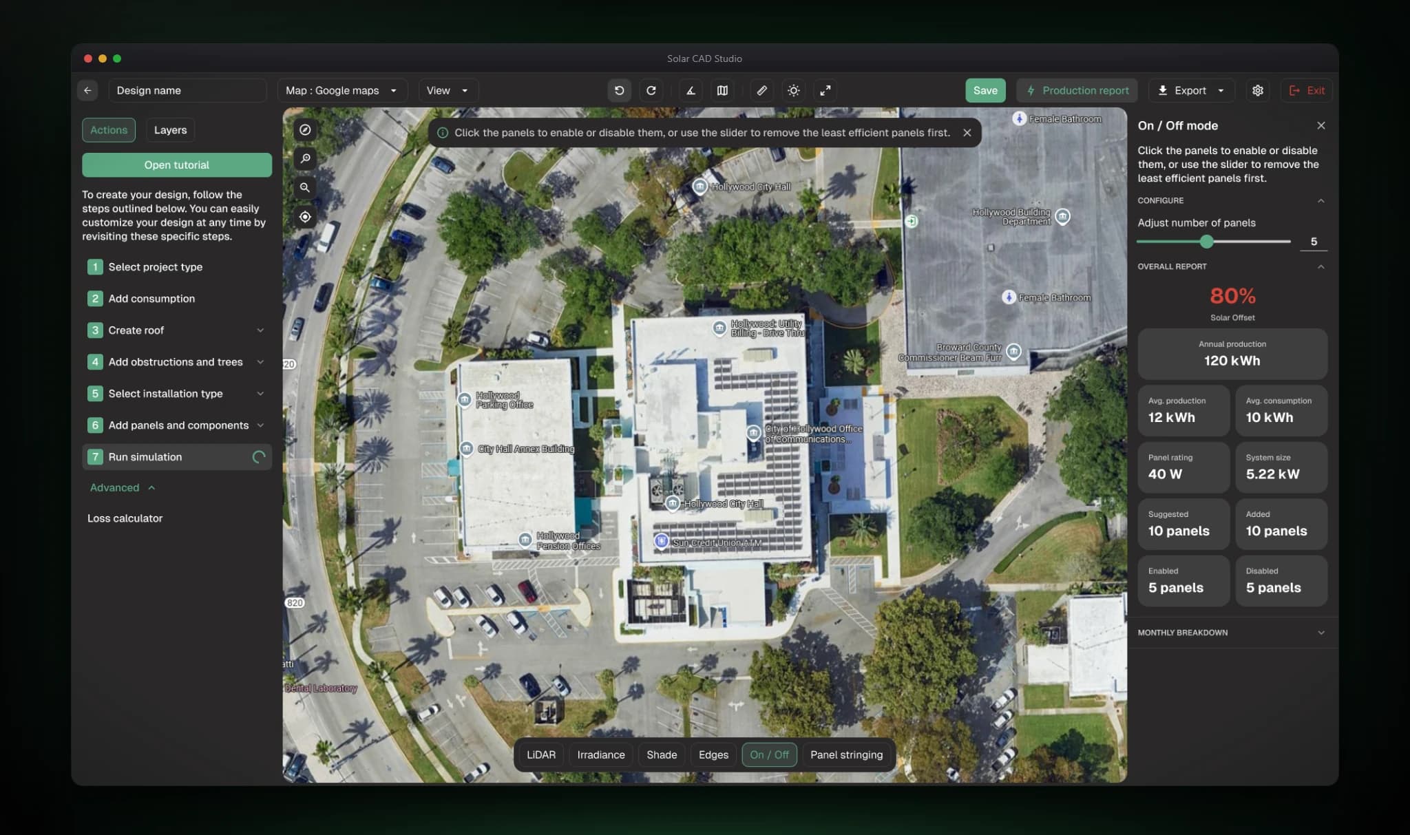Solar CAD Studio On/Off mode: a panel-count slider and an overall report showing 80% solar offset, annual production, and enabled and disabled panel counts.