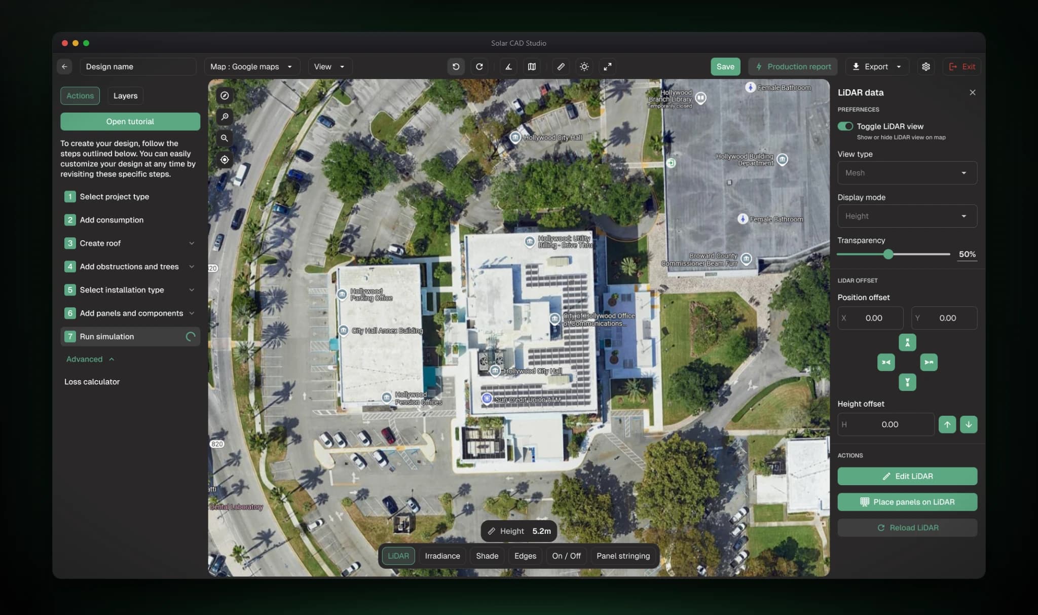 Solar CAD Studio LiDAR panel: view type, display mode, transparency, position and height offsets, and actions, with a persistent spatial mode toolbar below the canvas.