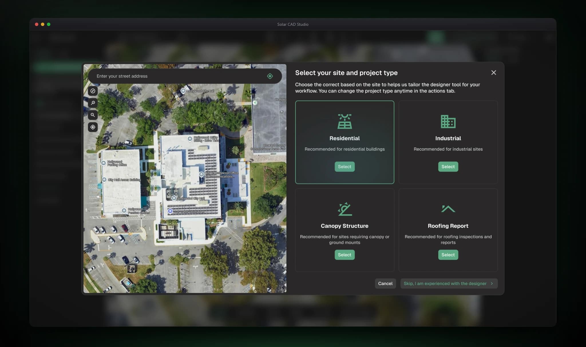 Solar CAD Studio project setup: a dialog to enter a street address and choose Residential, Industrial, Canopy Structure, or Roofing Report over an aerial map.