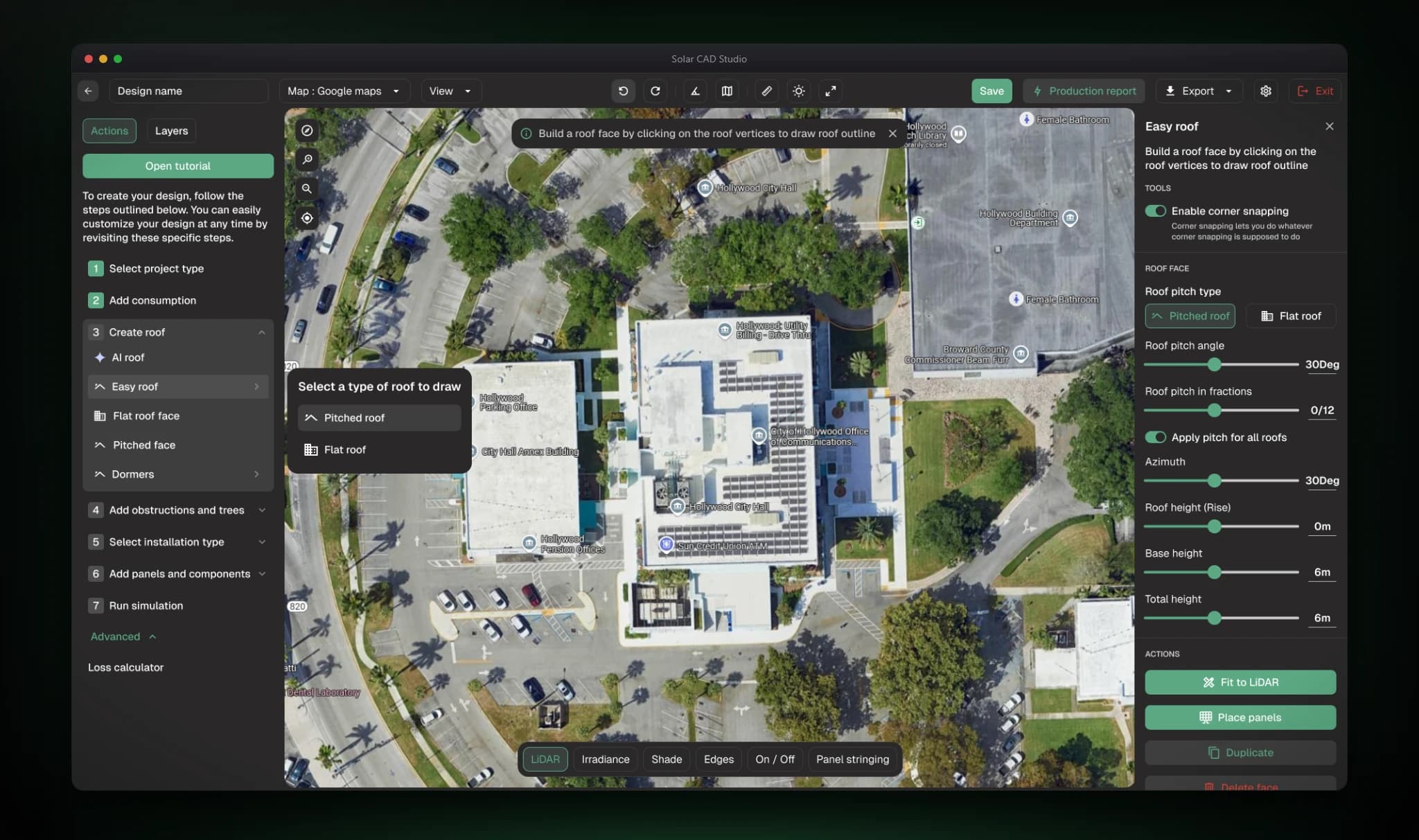 Solar CAD Studio roof modeling: a guided steps drawer, a roof-type menu, the aerial canvas, and an Easy roof inspector with pitch, azimuth, and height controls.
