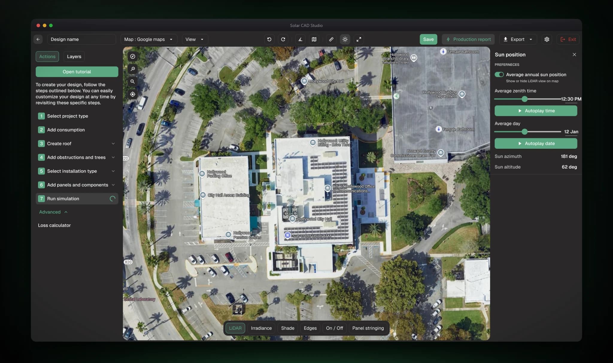 Solar CAD Studio sun position panel: an average annual sun position toggle, time and day sliders, autoplay controls, and live azimuth and altitude values.